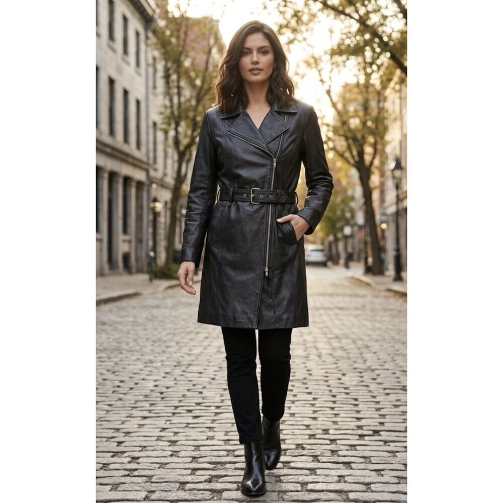 Vintage MetroStyle Black Leather Moto Trench Coat Belted Zip Biker Edgy Goth 16